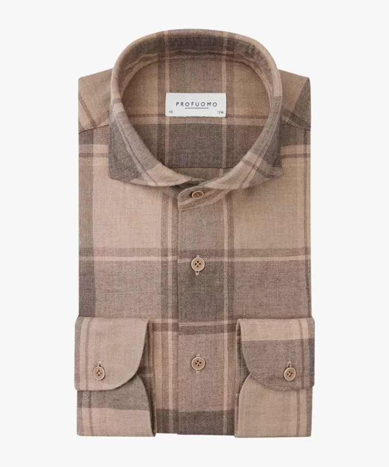 Profuomo twill ruit overhemd Beige Clearance