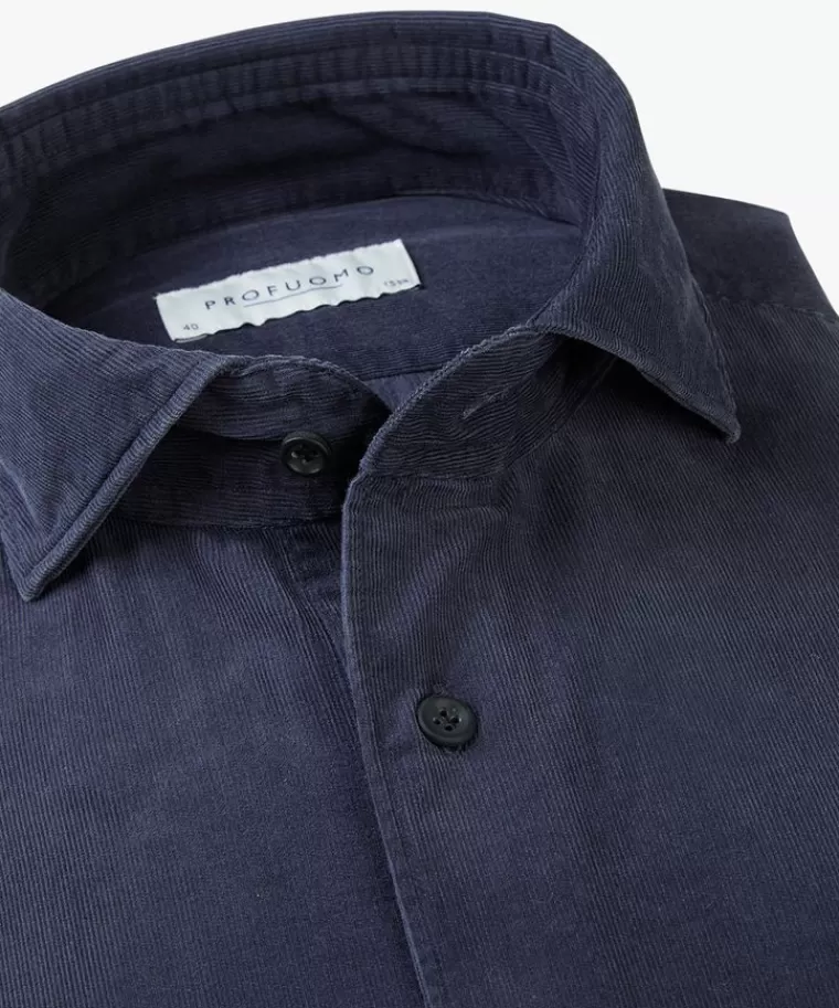 Profuomo Blauwe corduroy overhemd Midblauw Shop