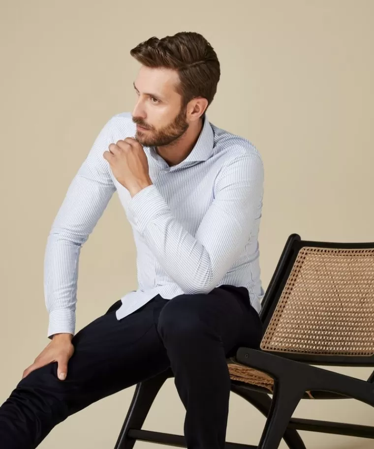 Profuomo Gestreept Japanese knitted overhemd Blauw Clearance