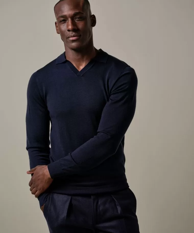 Profuomo merino open kraag polo Navy Best