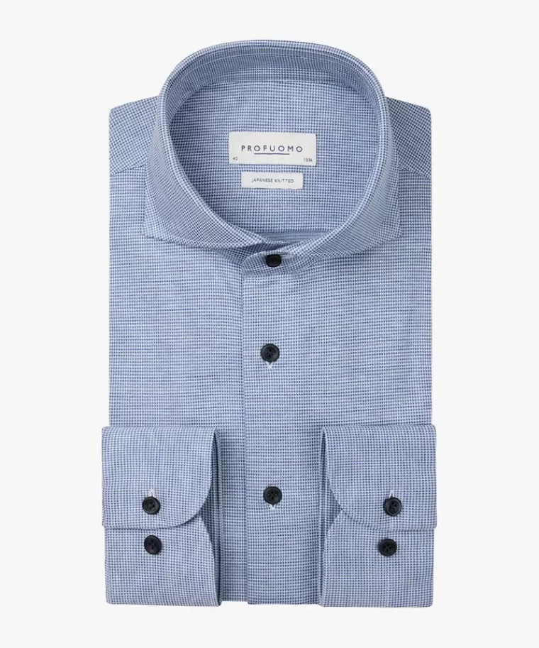 Profuomo Pied de Poule Japanese knitted overhemd Midblauw Store